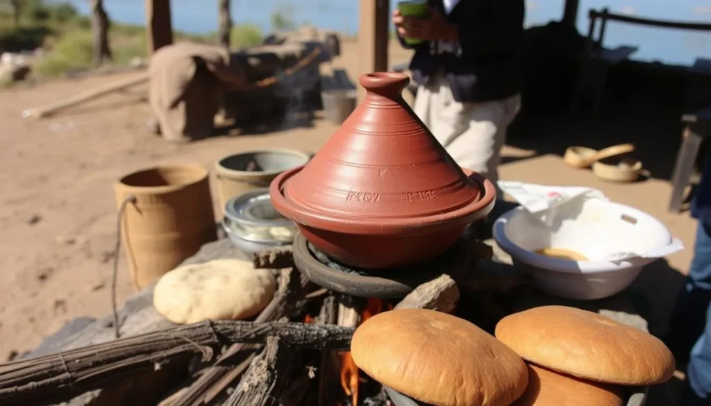 Traditional Moroccan tagine being prepared over wood fire near Lake Aguelmame Aziza