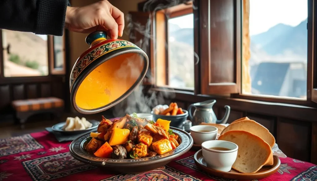 Traditional Moroccan tagine being served in a mountain guesthouse in Toubkal