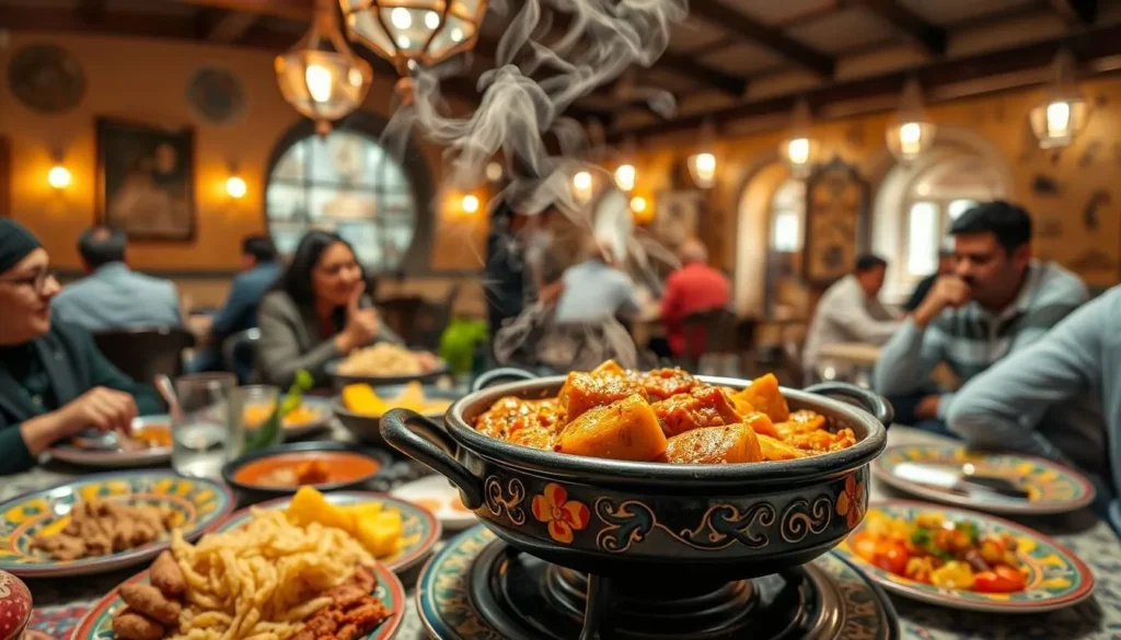 Traditional Moroccan tagine being served in a restaurant in Tiznit with colorful decor