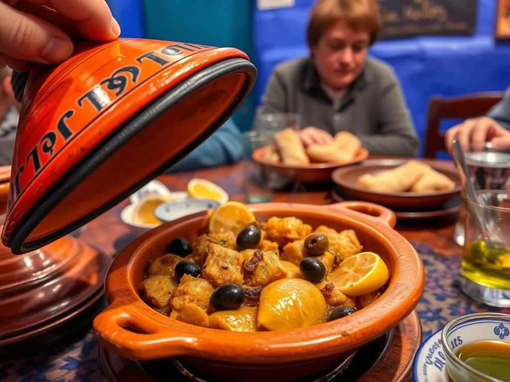 Traditional Moroccan tagine dish being served in Chefchaouen restaurant