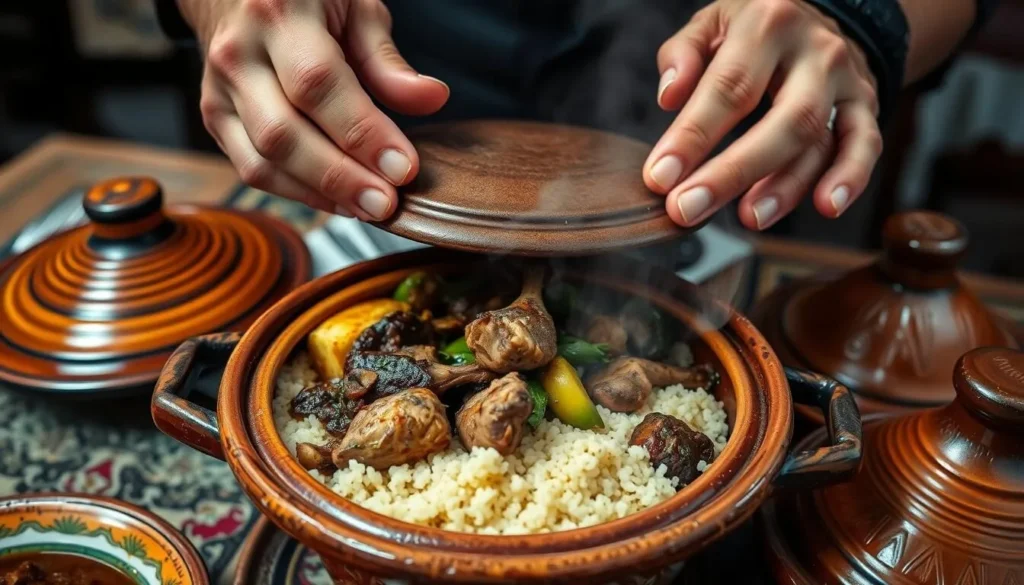 Traditional Moroccan tagine dish being served in Smara restaurant