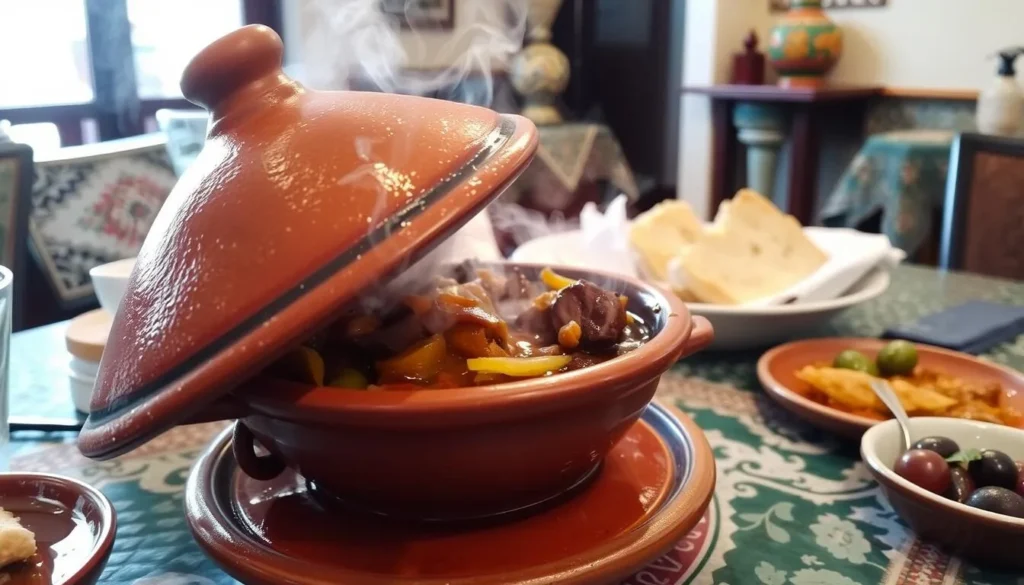 Traditional Moroccan tagine dish being served in a local restaurant