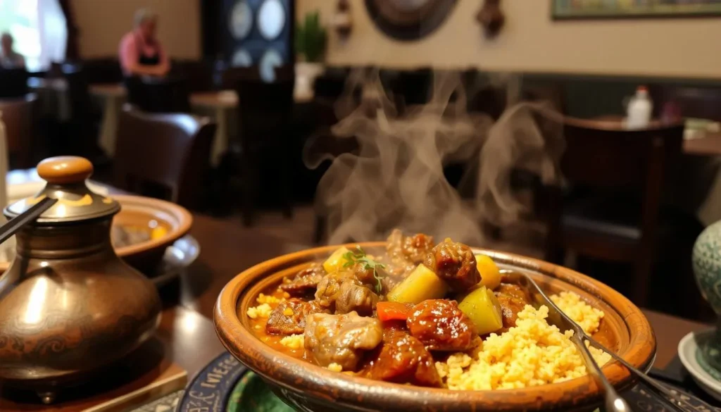 Traditional Moroccan tagine dish being served in a local restaurant