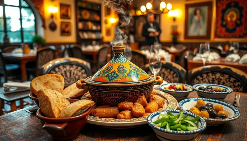 Traditional Moroccan tagine dish being served in a local restaurant in Fquih Ben Salah