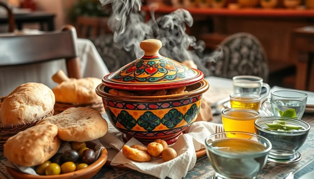 Traditional Moroccan tagine dish being served in a local restaurant in Lqliaa