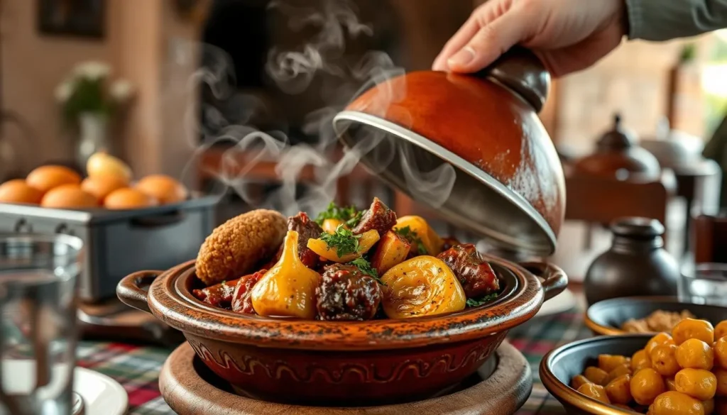 Traditional Moroccan tagine dish being served in a local restaurant in Sidi Slimane