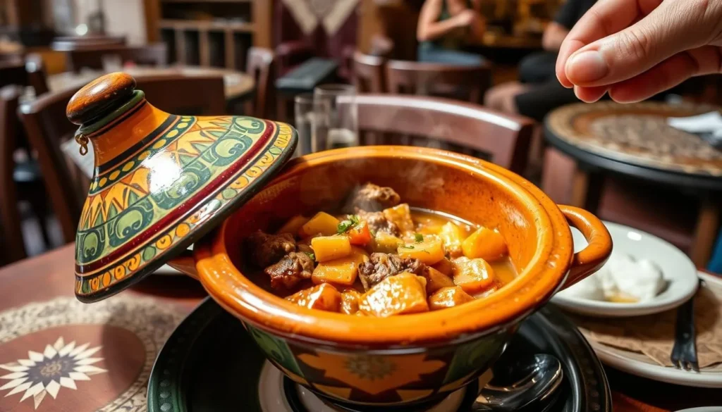Traditional Moroccan tagine dish being served in a restaurant in Ain Harrouda