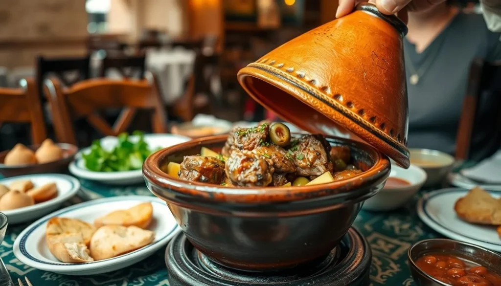 Traditional Moroccan tagine dish being served in a restaurant in Ksar El Kebir