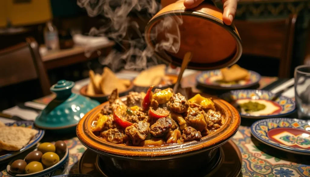 Traditional Moroccan tagine dish being served in a restaurant in Ouarzazate