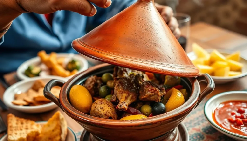 Traditional Moroccan tagine dish being served in a restaurant in Taroudant