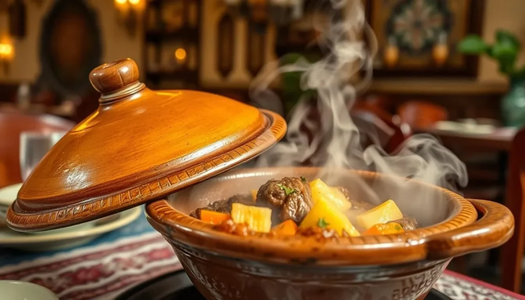 Traditional Moroccan tagine dish being served in an Inezgane restaurant Traditional Moroccan tagine dish being served in an Inezgane restaurant