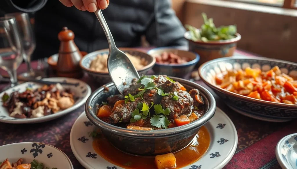 Traditional Moroccan tagine dish served in Tan-Tan restaurant