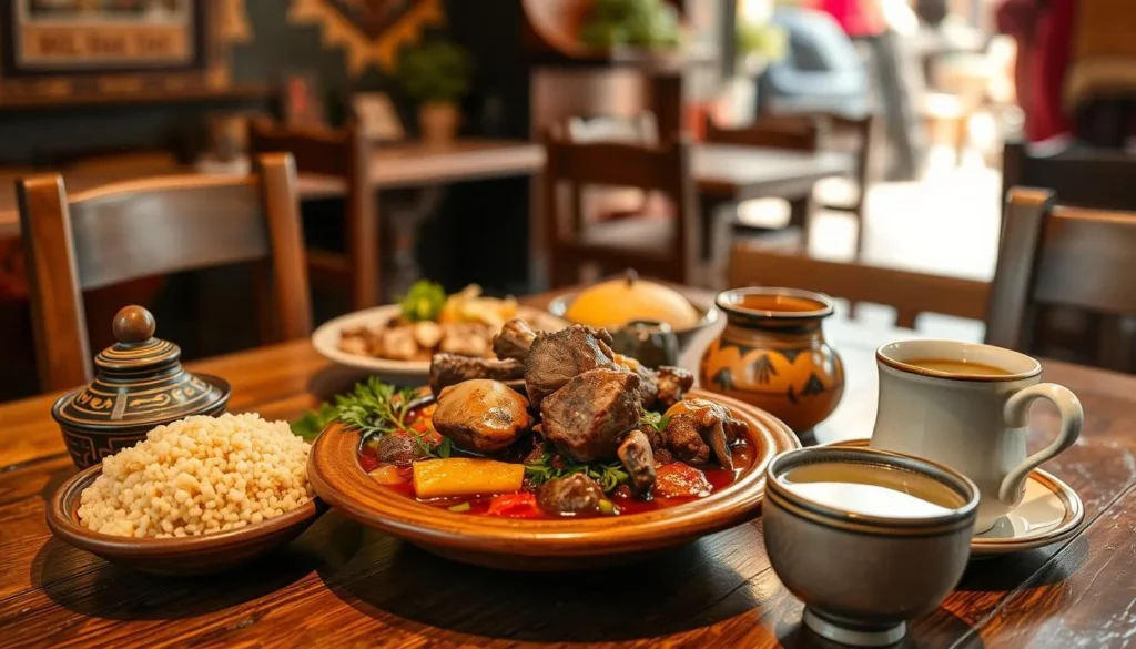 Traditional Moroccan tagine dish with couscous and mint tea in a local restaurant in Souk El Arbaa