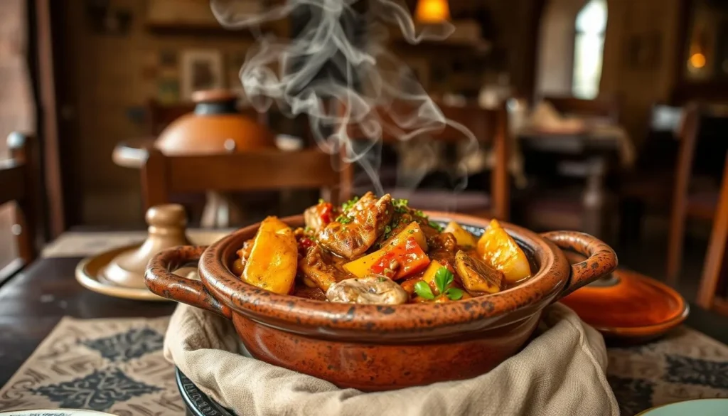 Traditional Moroccan tagine meal being served in a restaurant near Ifrane National Park