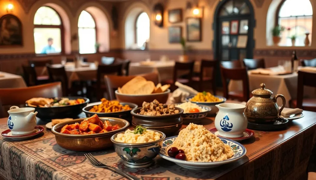 Traditional Moroccan tajine dishes and mint tea being served in Errachidia restaurant
