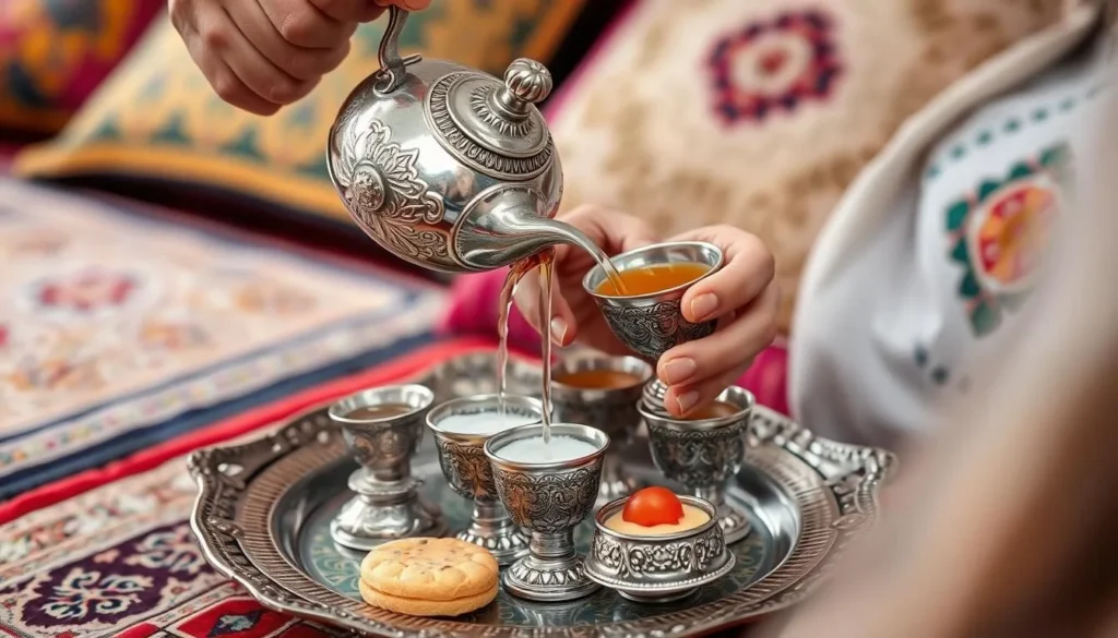 Traditional Moroccan tea ceremony in Ksar El Kebir with mint tea being poured