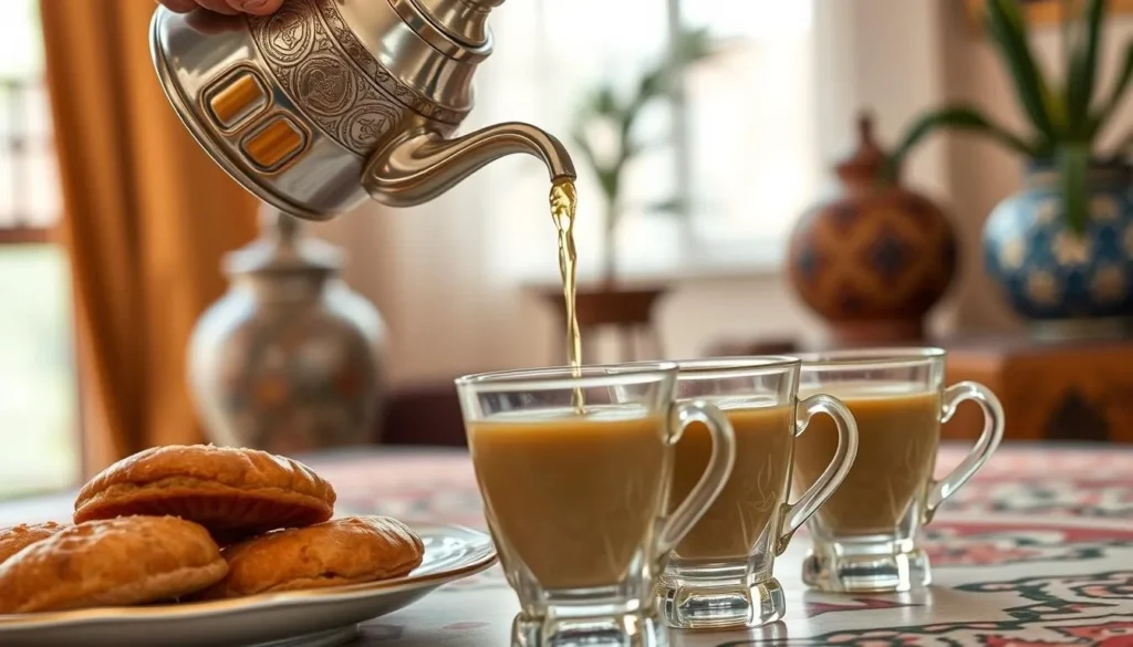 Traditional Moroccan tea ceremony with mint tea being poured from height into decorated glasses Traditional Moroccan tea ceremony with mint tea being poured from height into decorated glasses