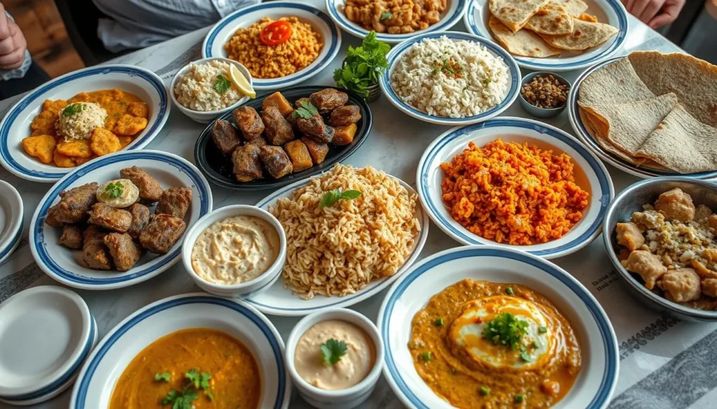 Traditional Mosuli cuisine with kebabs, rice, and local dishes served in a restaurant