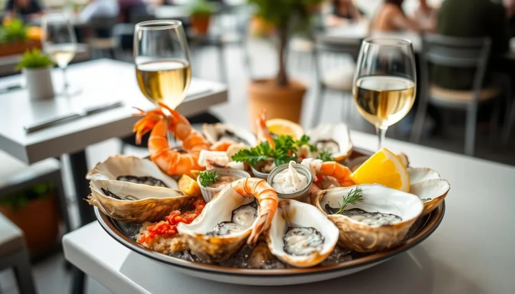 Traditional Nantes seafood dish with local Muscadet wine at an outdoor restaurant