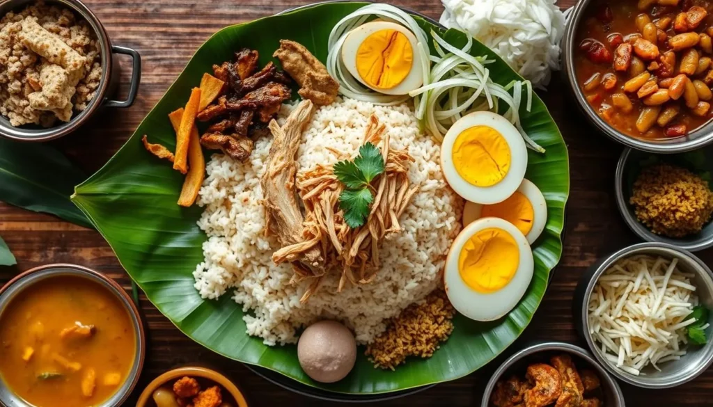Traditional Nasi Liwet Solo dish served on banana leaf with various side dishes