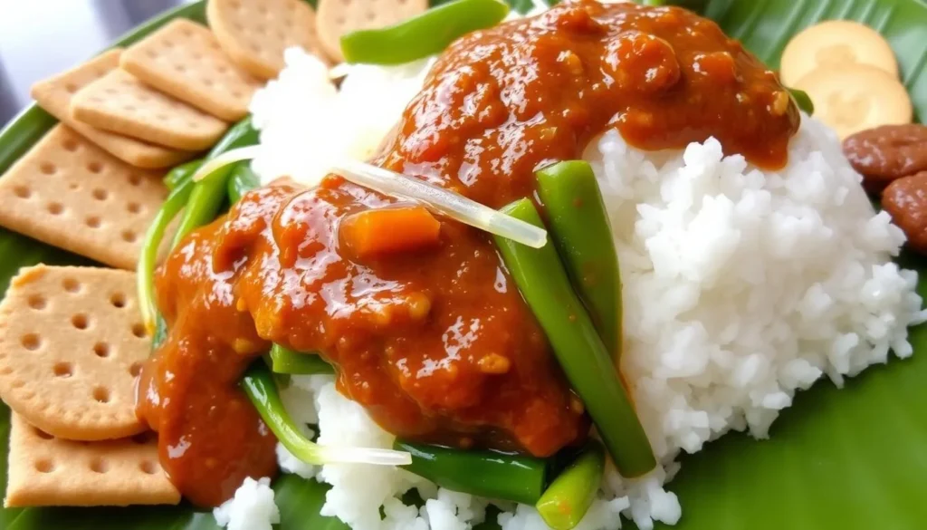 Traditional Nasi Pecel dish from Blitar featuring steamed rice with vegetables and spicy peanut sauce, a local specialty