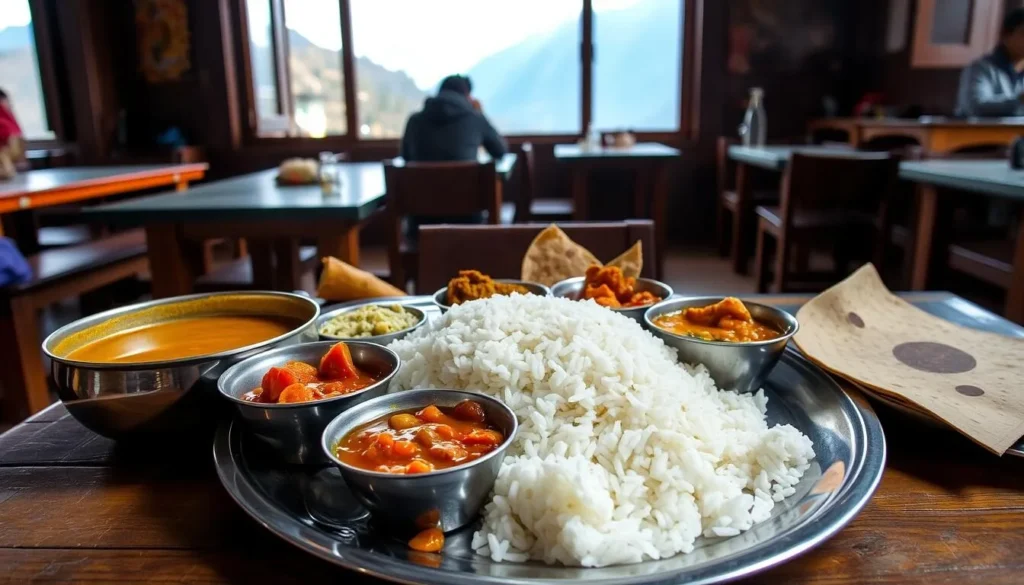 Traditional Nepali Dal Bhat meal served in a teahouse with mountains visible through the window