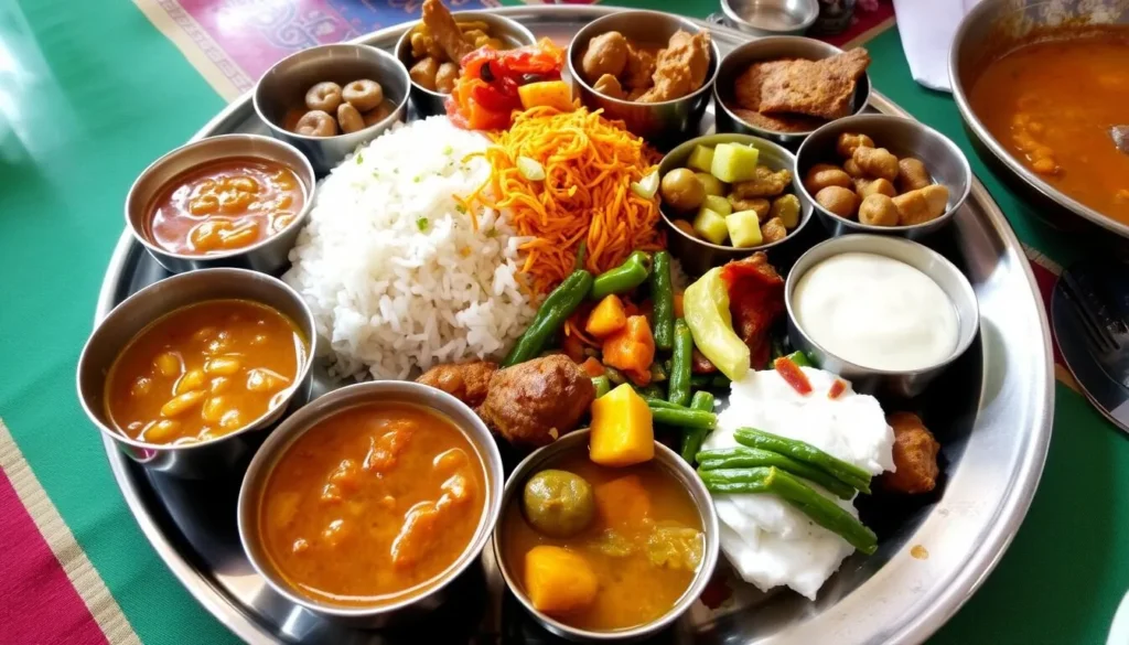 Traditional Nepali thali meal with various dishes served in Dharan