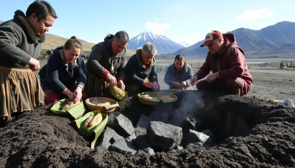 Traditional New Zealand hangi meal being prepared near Tongariro National Park Traditional New Zealand hangi meal being prepared near Tongariro National Park