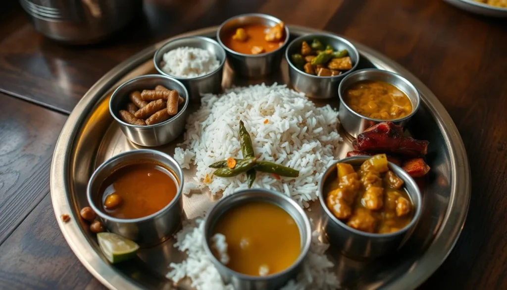 Traditional Newari thali meal with dhido and gundruk served in Bandipur
