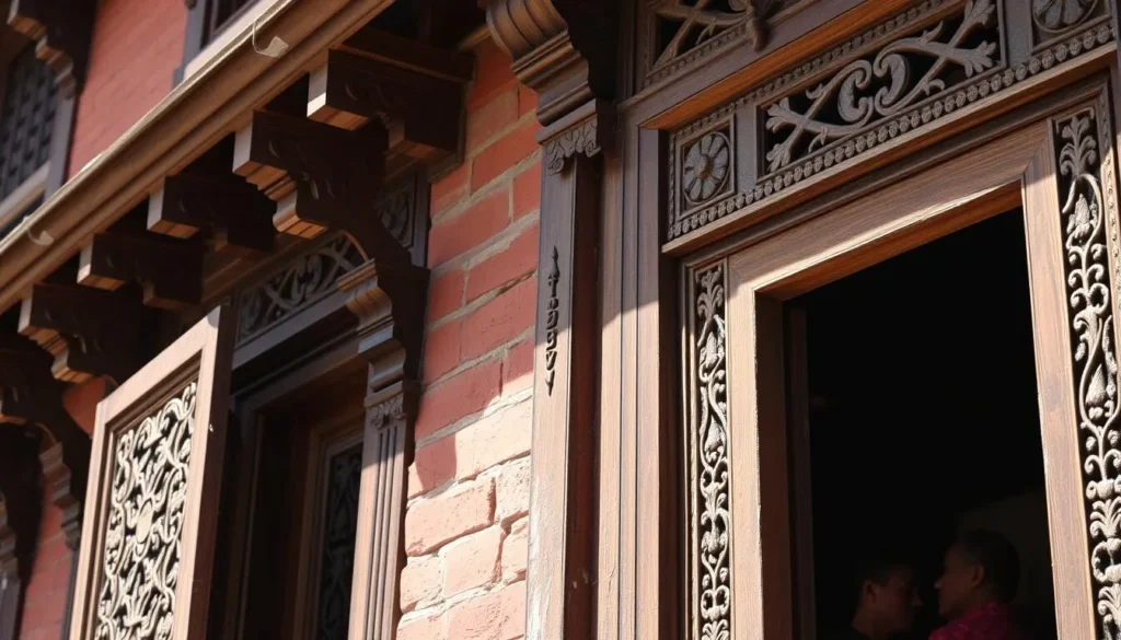 Traditional Newari wood-carved windows on buildings in Bandipur Bazaar