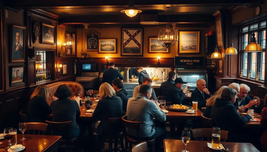 Traditional Newcastle pub serving local cuisine with patrons enjoying meals
