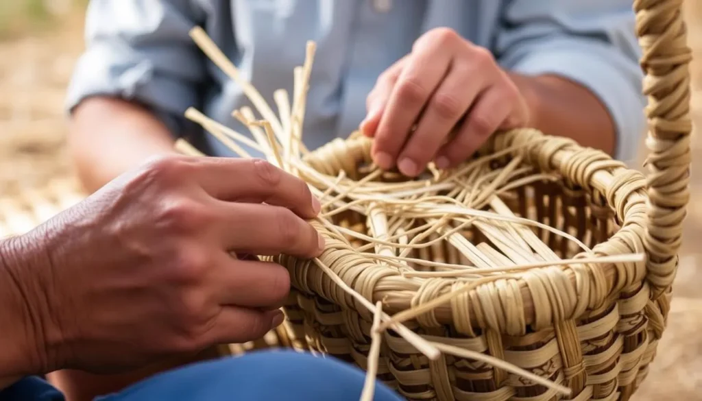 Traditional Ngarrindjeri basket weaving demonstration at Camp Coorong near Coorong National Park, South Australia