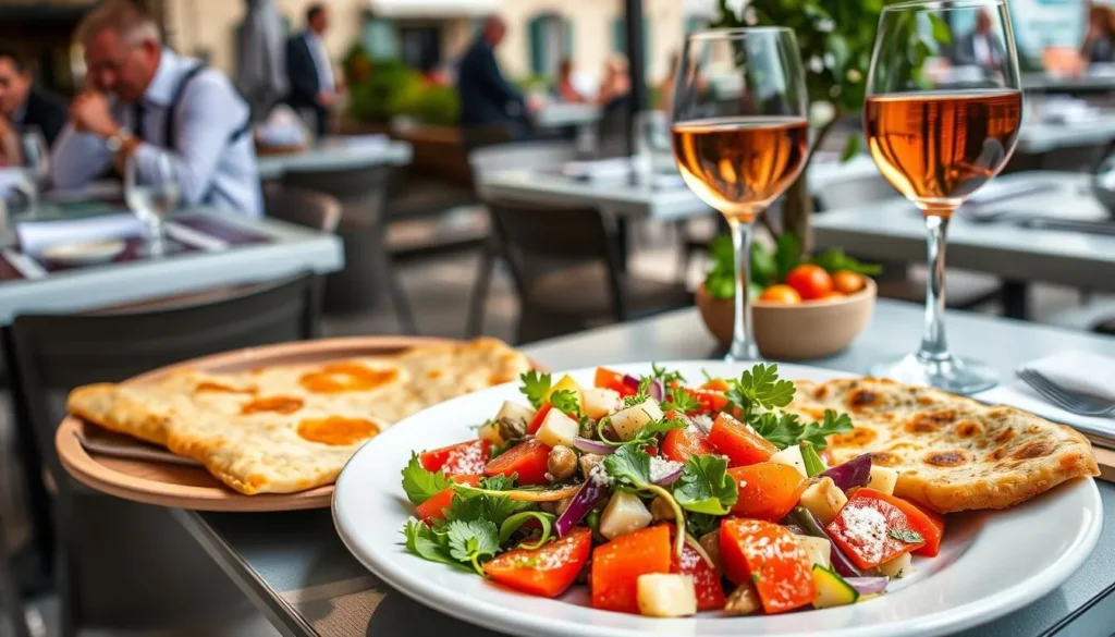 Traditional Niçoise cuisine including Salade Niçoise and socca at outdoor restaurant