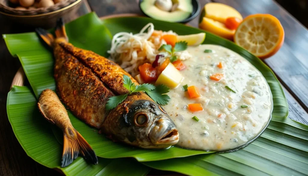 Traditional North Sulawesi cuisine with rica-rica grilled fish and tinutuan porridge