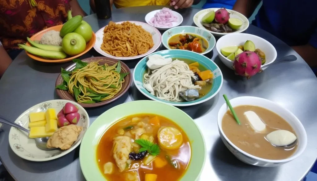 Traditional North Sumatran cuisine served at a local restaurant in Binjai, Indonesia, featuring colorful dishes and spices