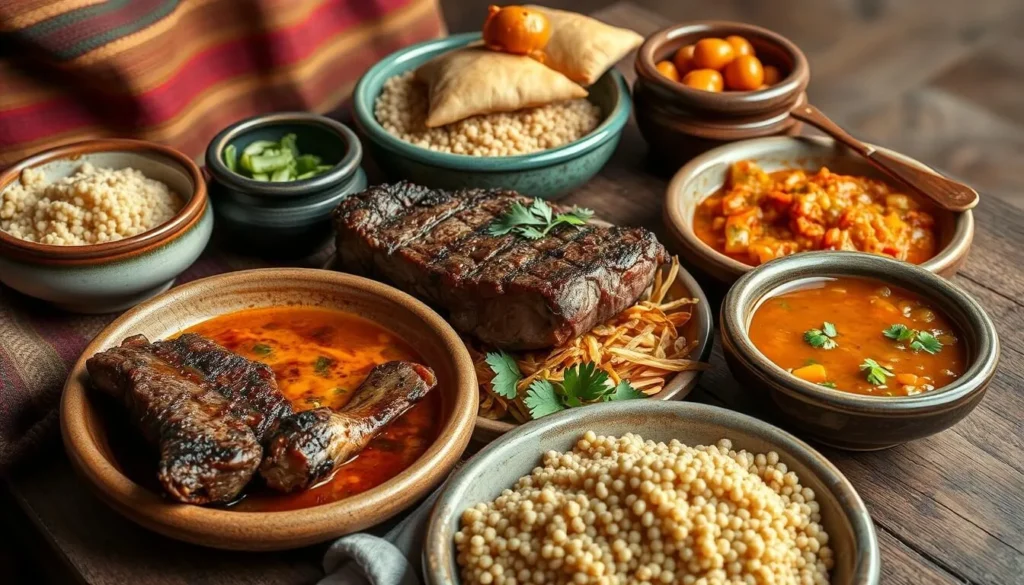 Traditional Northern Argentinian cuisine including llama steak and empanadas