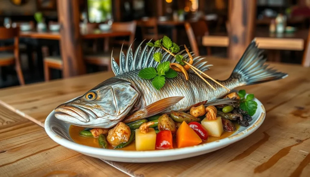Traditional Northern Territory meal featuring barramundi and bush tucker ingredients