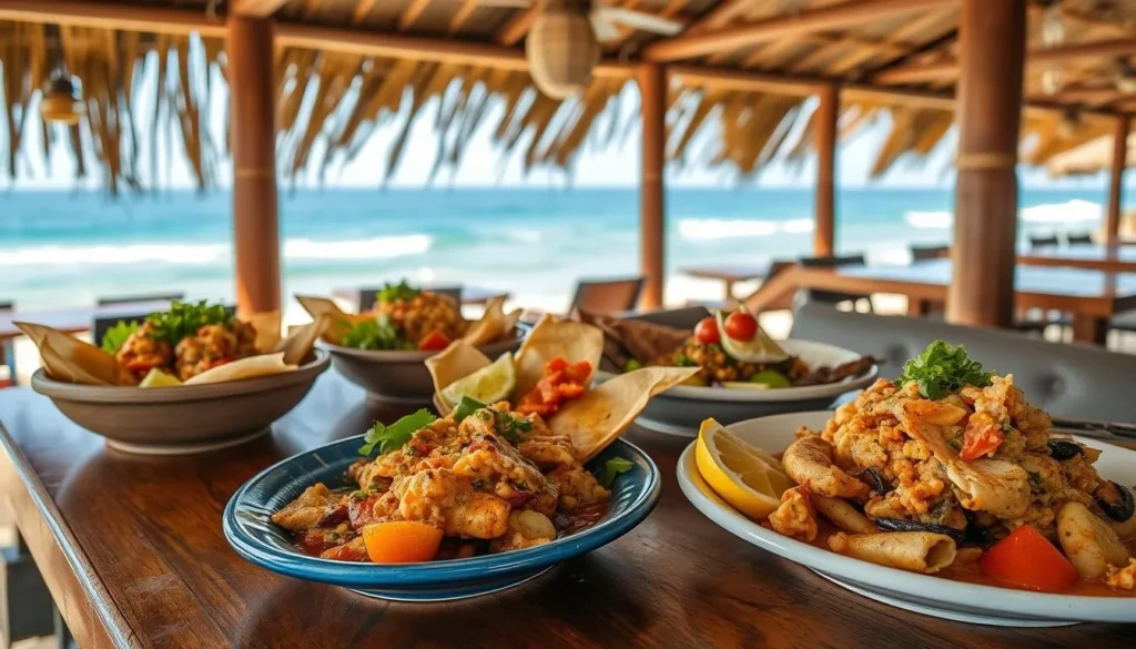 Traditional Oaxacan seafood dishes served at a beachfront restaurant in Huatulco