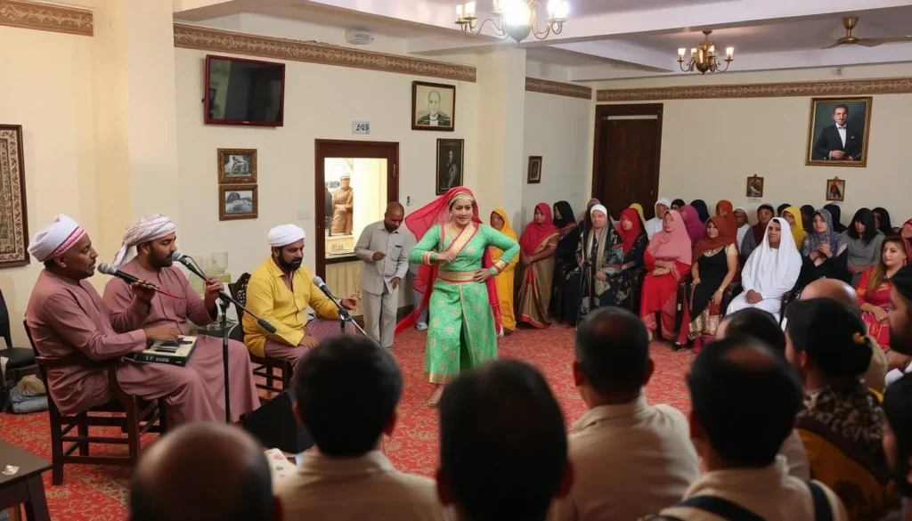 Traditional Omani cultural performance with musicians and dancers in colorful attire