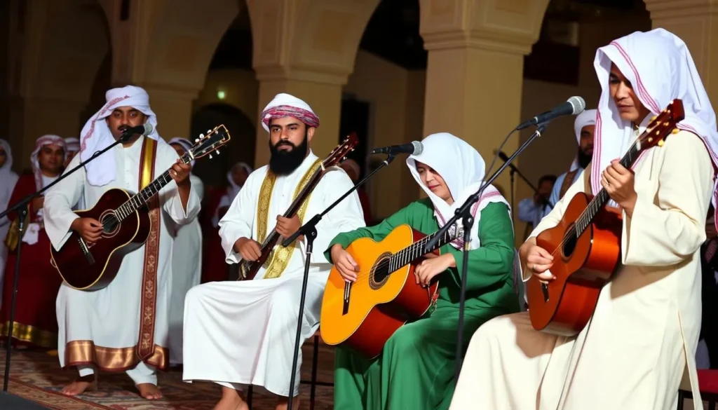 Traditional Omani cultural performance with musicians in traditional dress