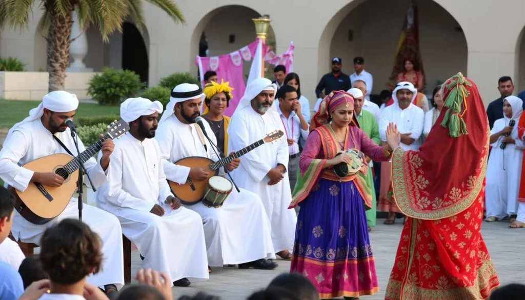 Traditional Omani cultural performance with musicians playing traditional instruments and dancers in colorful costumes