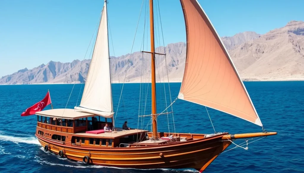 Traditional Omani dhow boat cruising near Telegraph Island