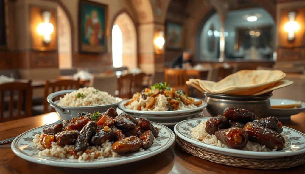 Traditional Omani dishes including Shuwa, rice, and dates served in Seeb restaurant