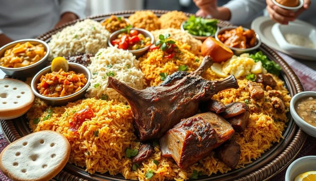 Traditional Omani feast with shuwa, rice dishes, and accompaniments served on a large platter