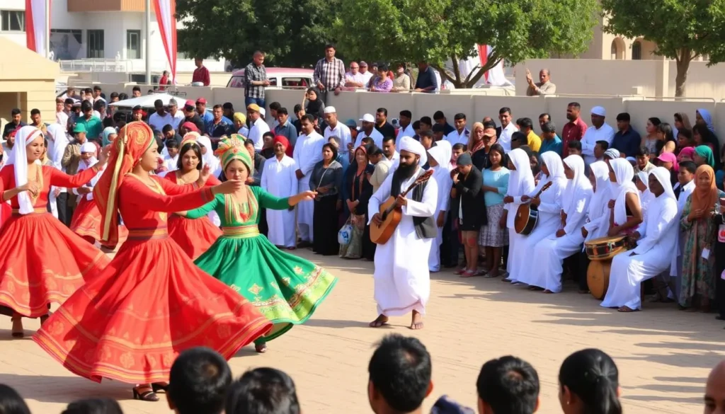 Traditional Omani festival celebration in Al Amerat Province with dancers and musicians