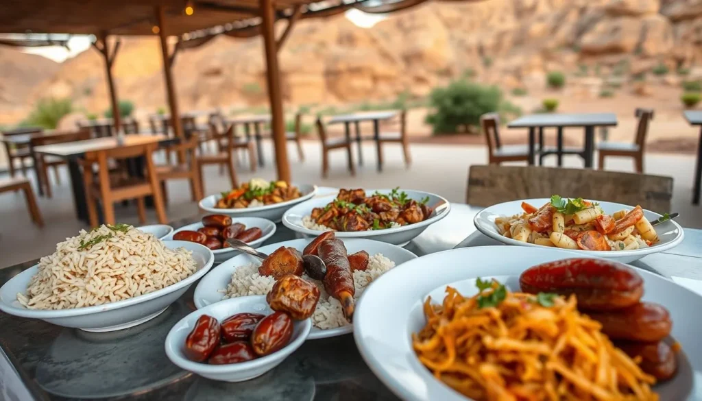 Traditional Omani food served at a restaurant near Wadi Bani Khalid