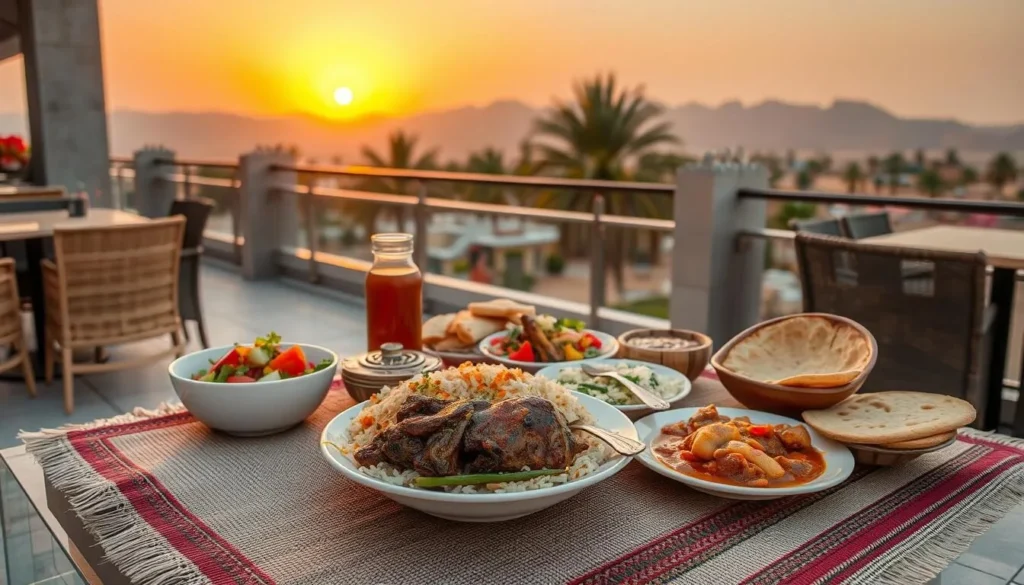 Traditional Omani meal served at a rooftop restaurant in Misfah al Abriyyin