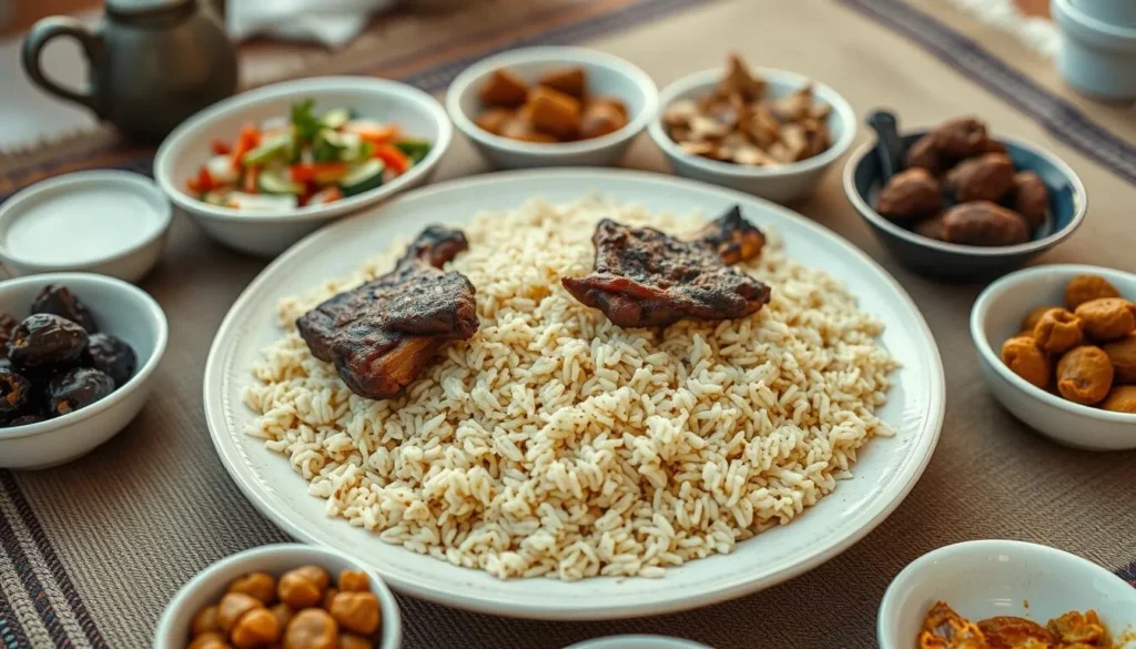 Traditional Omani meal with rice, grilled meat, and fresh dates