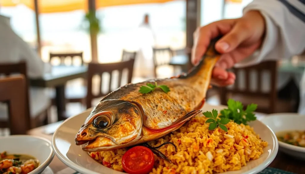 Traditional Omani seafood dish with fish and rice served in a local restaurant on Masirah Island