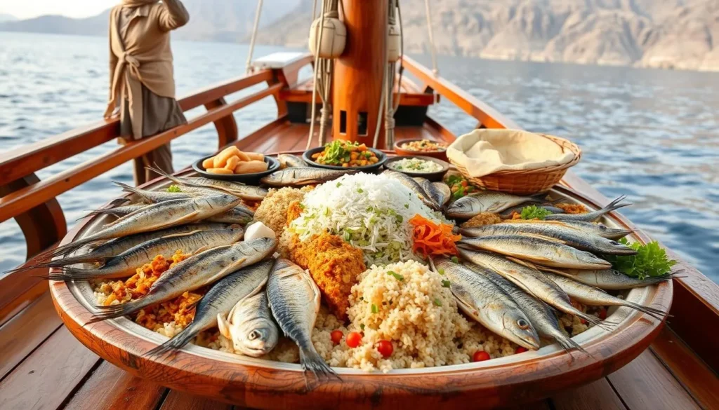 Traditional Omani seafood feast served on a dhow cruise in Khasab